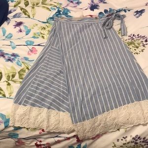 Blue and white striped midi wrap skirt zara